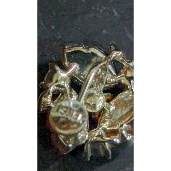 Vintage Lisner Clip-On Earrings Orange  Black Leaf Gold-Tone  Rhinestones MCM - Picture 4 of 8